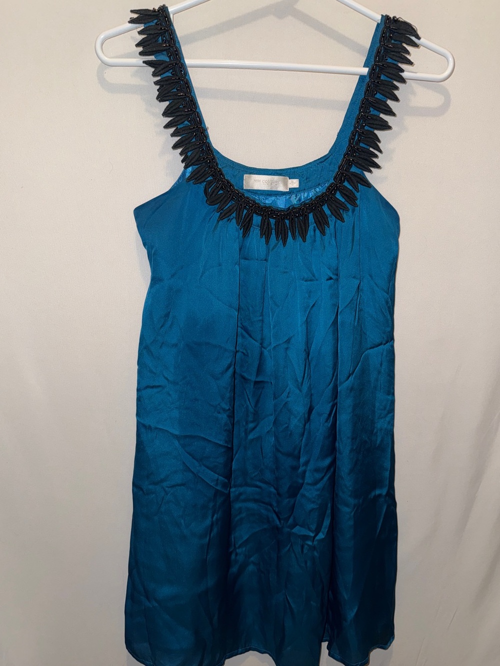 MM Couture By Miss Me Satin Fringe Mini Dress Sleeveless Blue S Beaded Neckline